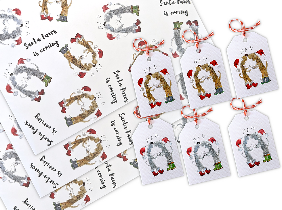 Thumbnail: brown and grey dogs wearing santa hats on a patterned gift wrap, with the text santa paws is coming