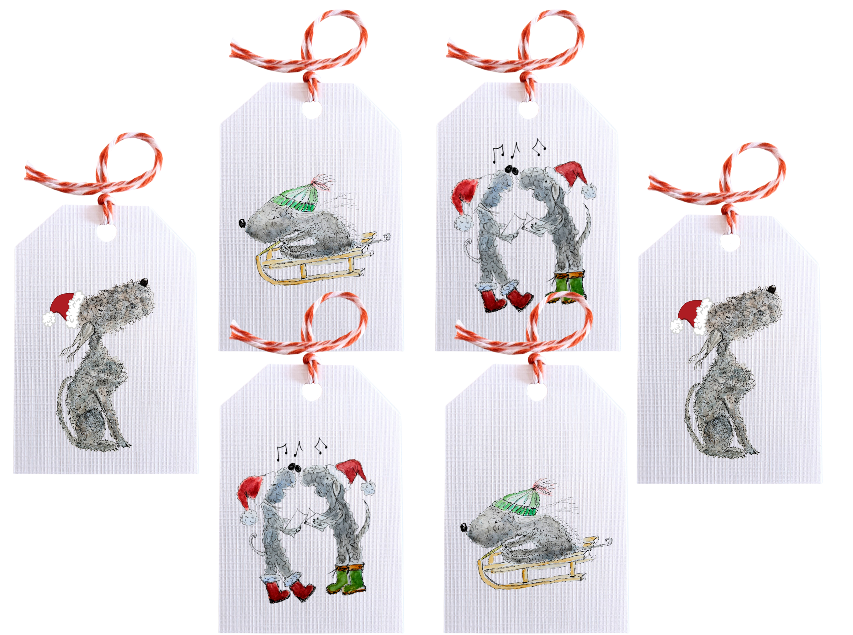 A set of 6 dog themed Christmas gift tags, carol singin, dog on a sleigh and dog in santa hat