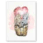 a red heart shaped hot air balloon, with 1 brown and 1 grey curly dog snuggled in the basket, with pink clouds behind them