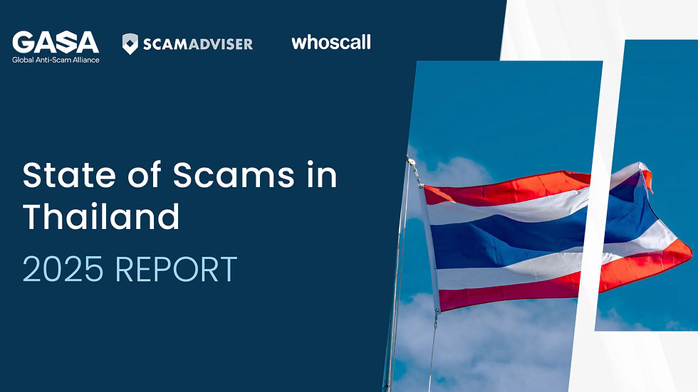 Report cover titled "State of Scams in Thailand 2025" with a Thai flag waving against a blue sky. Logos of GASA, ScamAdviser, and Whoscall.