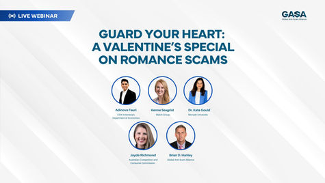 Webinar: "Guard Your Heart: A Valentine's Special on Romance Scams" with speakers from various organizations, set against a sleek background.