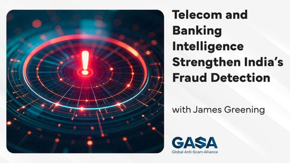 Red exclamation mark on a digital radar pattern. Text: "Telecom and Banking Intelligence Strengthen India's Fraud Detection with James Greening." GASA logo.