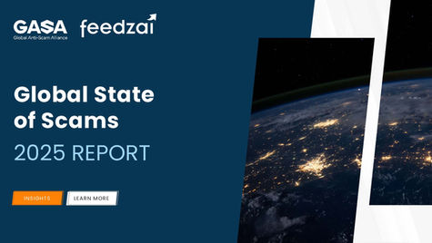 Blue background shows "Global State of Scams 2025 Report" text. Night earth view with city lights. Buttons say "Insights" and "Learn More."
