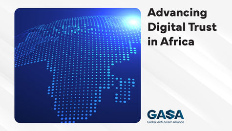 Blue dotted map of Africa with "Advancing Digital Trust in Africa" text. GASA logo in corner. Bright digital theme.