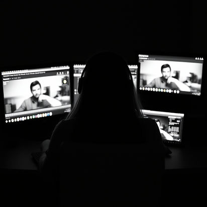 video editor computer - working - female - back facing silhouette so can't tell it's not m