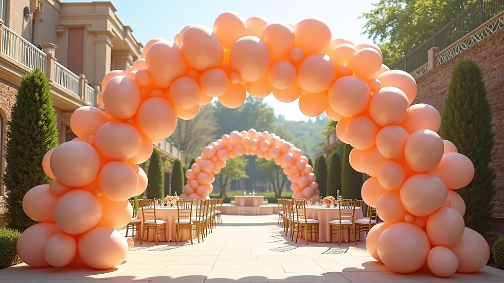 High angle view of a peach balloon arch decorating an outdoor event space