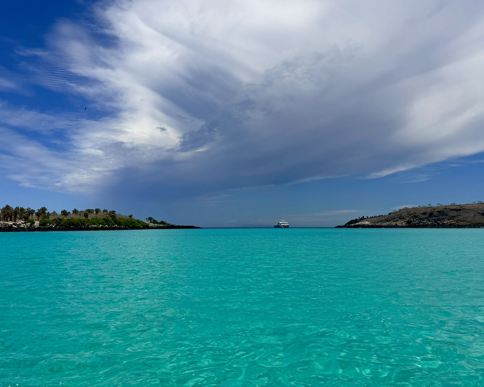 Dramatic skies, and crystal clear blue water for snorkeling with the sea lions