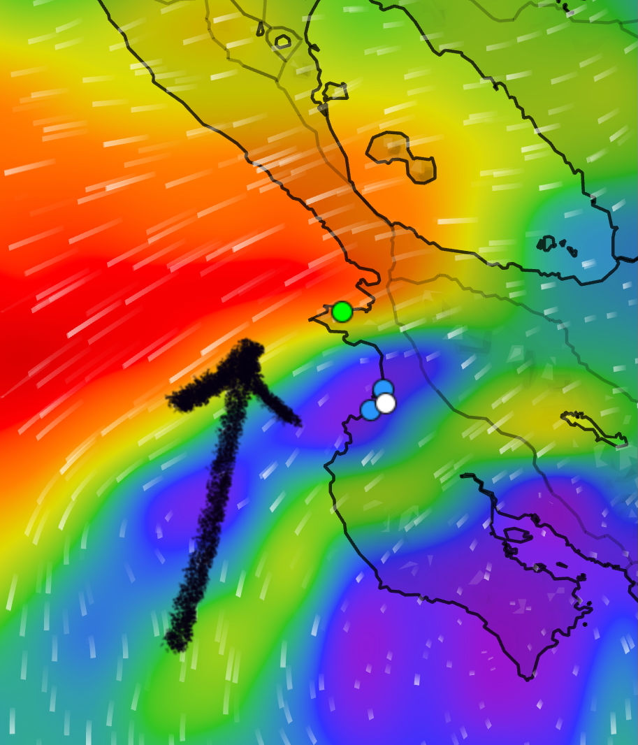 Weather on the day our roller furling failed. Red is 20 knots of wind