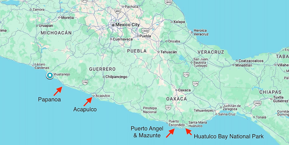 From Papanoa to Huatulco Bay, making the turn into the Gulf of Tehunapec
