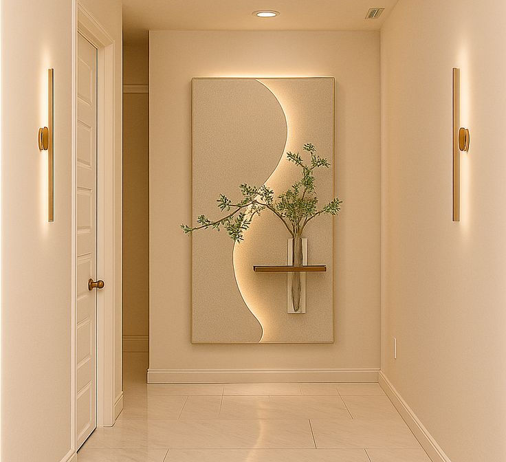 Intérieur de maison décoré avec éclairage LED et panneau décoratif à Kinshasa.