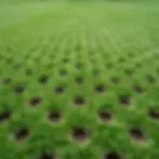 Close-up photography of aerated turf on a sports field or lawn. The pattern of small, evenly spaced holes demonstrates standard grass maintenance practices.