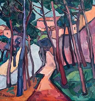 Among The Tuscan Pines – Ilse Hausner’s Tuscany landscape painting with a winding path, tall pines, and sunlit buildings.