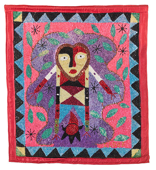 Beaded textile with red satin ribbon lining, depicting centralized figure surrounded by purple, red, blue and black patterns and details.