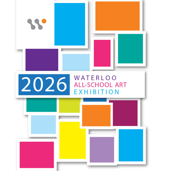 Graphic consisting of colored squares with drop shadows to create depth. Square in top left corner contains Waterloo Center for the Arts w logo and rectangle in middle says 2026 Waterloo All-school Art Exhibition.
