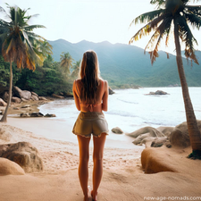 A young lady watching the waves at the beach of Tayrona National Park in Colombia.