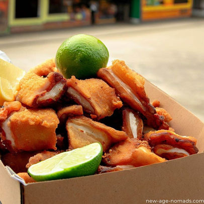 A box of chicharron from a street vendor in Colombia.
