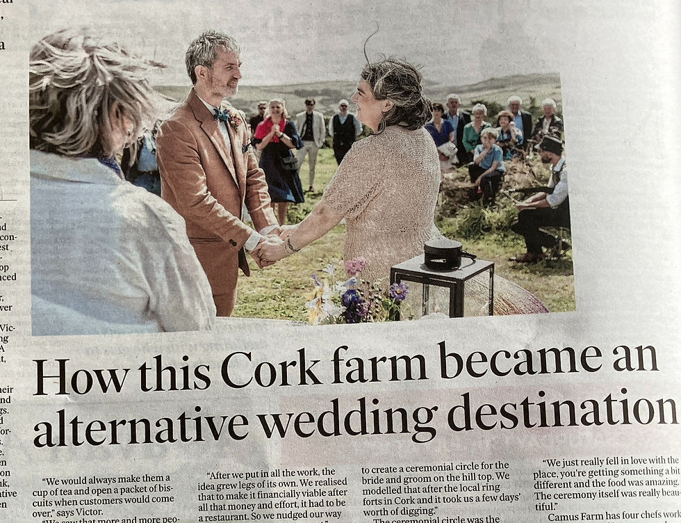 Bride and groom holding hands outdoors, surrounded by guests on a grassy hill. Text reads: "How this Cork farm became an alternative wedding destination."