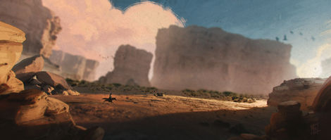 a painting of a man riding a horse in the desert