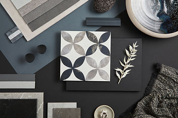 Flat lay of stylish architect moodboard composition with black, beige and grey samples of