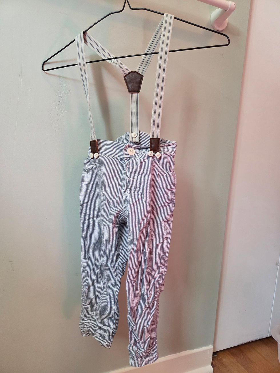 Blue and White Striped Seersucker Overalls 3T front