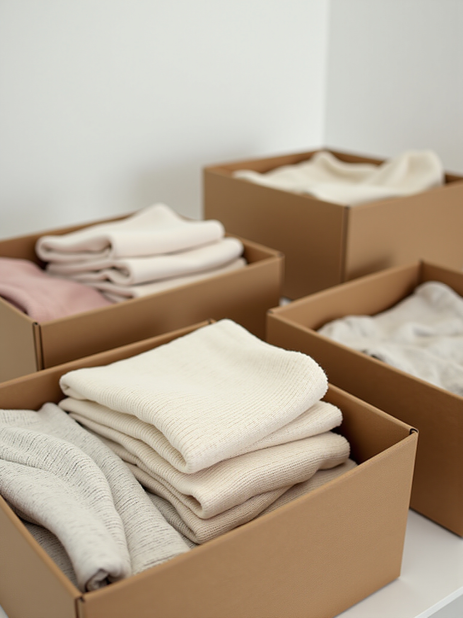 Boîtes en carton remplies de textiles clairs soigneusement pliés.