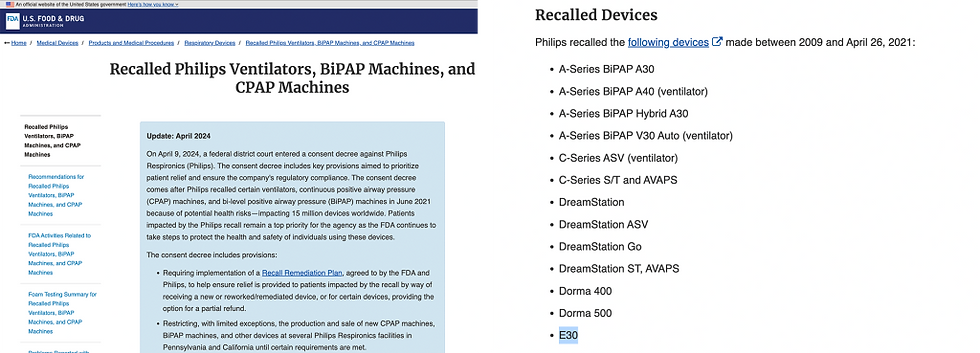 Los ventiladores retirados del mercado están las máquinas de presión positiva continua en las vías respiratorias (CPAP, por sus siglas en inglés), y en particular el modelo E30.