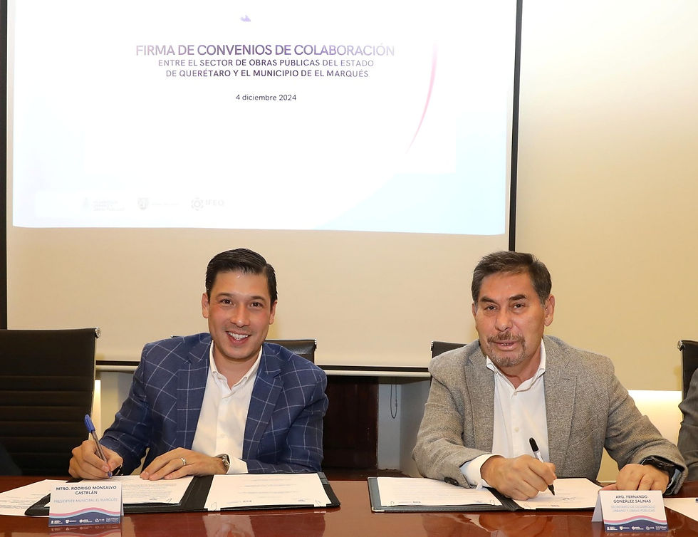 Con el objetivo de fortalecer las relaciones de trabajo, el titular de la Secretaría de Desarrollo Urbano y Obras Públicas (SDUOP), Fernando González Salinas, y el alcalde del municipio de El Marqués, Rodrigo Monsalvo Castelán, firmaron una serie de convenios de colaboración para realizar trabajos en materia de educación, conservación carretera, obra social y desarrollo urbano.