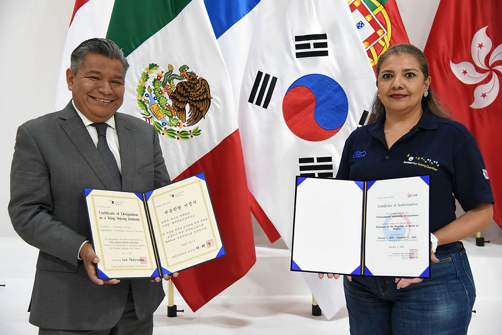 Cabe recordar que la UTEQ fue seleccionada por las autoridades surcoreanas, tras un riguroso proceso de evaluación en el que participaron 82 centros educativos de 39 países. El instituto Rey Sejong, lleva ese nombre en honor a “Sejong El Grande”, cuarto rey de la dinastía Joseon, creador del alfabeto coreano en 1446 y cuenta con más de 250 centros en más de 80 países del mundo y uno de ellos se encuentra en las instalaciones de la UTEQ.