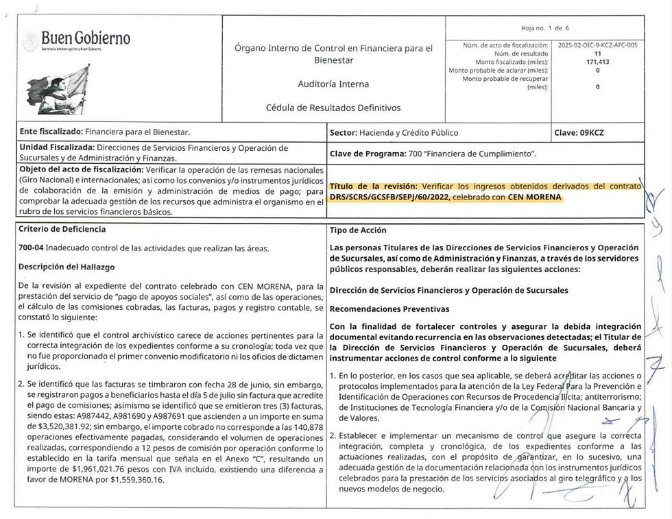 Informe de auditoría del Órgano Interno de Control en Financiera para el Bienestar, detallando deficiencias en el control adecuado de actividades e ingresos relacionados con un contrato celebrado con CEN MORENA, y recomendaciones preventivas para mejorar la gestión documental y financiera.