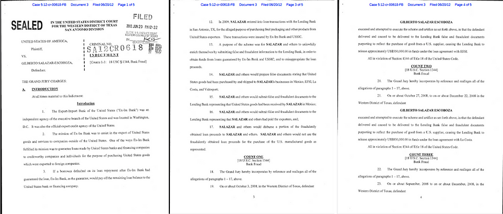En 2012, Salazar Escoboza fue acusado de defraudar por 4.4 mdd a El Banco de Exportaciones e Importaciones de EE. UU. mediante operaciones de comercio simuladas.