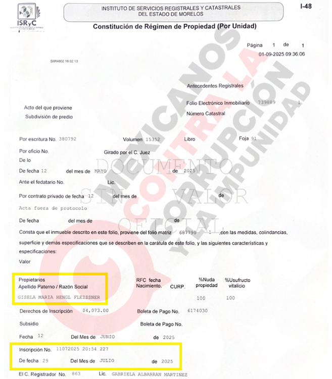 La casa de Gerardo Fernández Noroña, en Tepoztlán, fue formalmente registrado hace apenas un mes, el pasado 29 de julio de 2025, a nombre de Gisela María Hengl Fleissner.