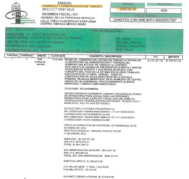 Comercio y Construcción de Tabasco fue notificada por el SAT el 12 de febrero de 2025 de que se había detectado que simulaba operaciones, pero la empresa siguió emitiendo facturas al gobierno de Tabasco como consta en esta del 19 de marzo de 2025.