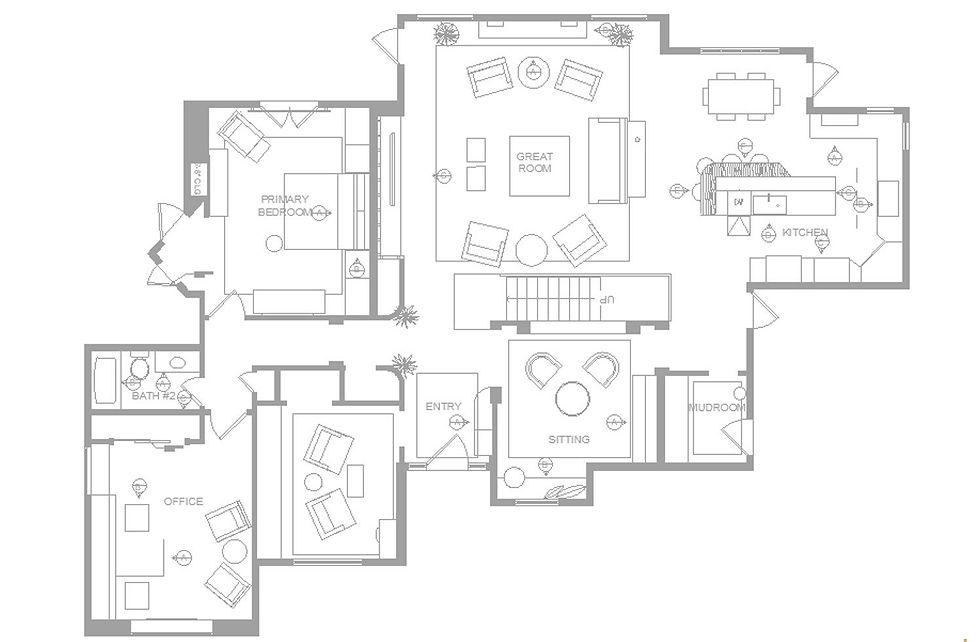 Modern open-concept home floor plan showing primary bedroom, office, great room, kitchen, sitting area, and mudroom.