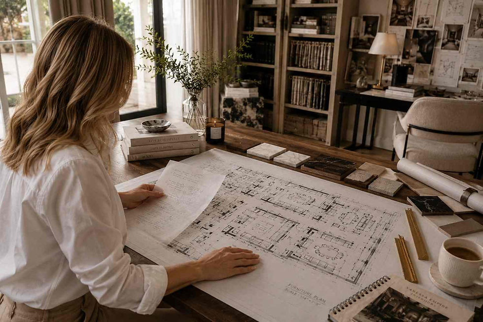 Interior designer reviewing architectural floor plans and material samples