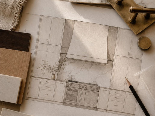 Hand-drawn bespoke kitchen elevation drawing layered with marble, brass hardware, and fabric swatches by custom kitchen designer in Boulder, Colorado.