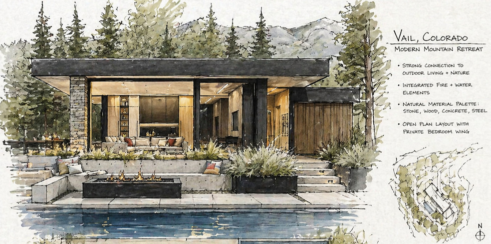 Hand-rendered study of space planning and architectural materials, illustrating how a luxury home remodel in Boulder is designed before construction ever begins.