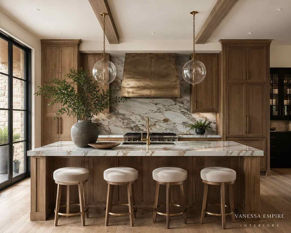 Luxury kitchen featuring custom walnut cabinetry, a waterfall marble island with seating for four, brass faucet and range hood, full-height marble backsplash, globe pendant lights, exposed wood ceiling beams, and warm natural finishes.
