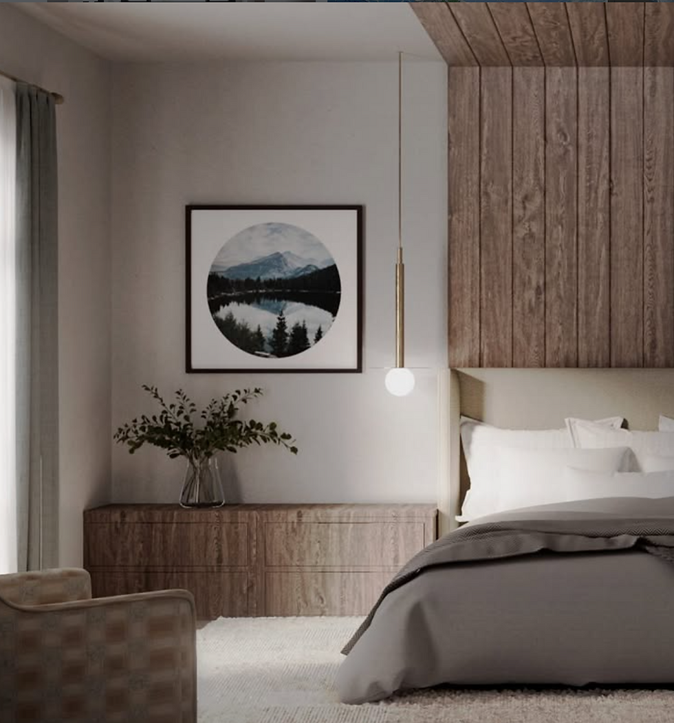 Modern bedroom with warm wood accent wall