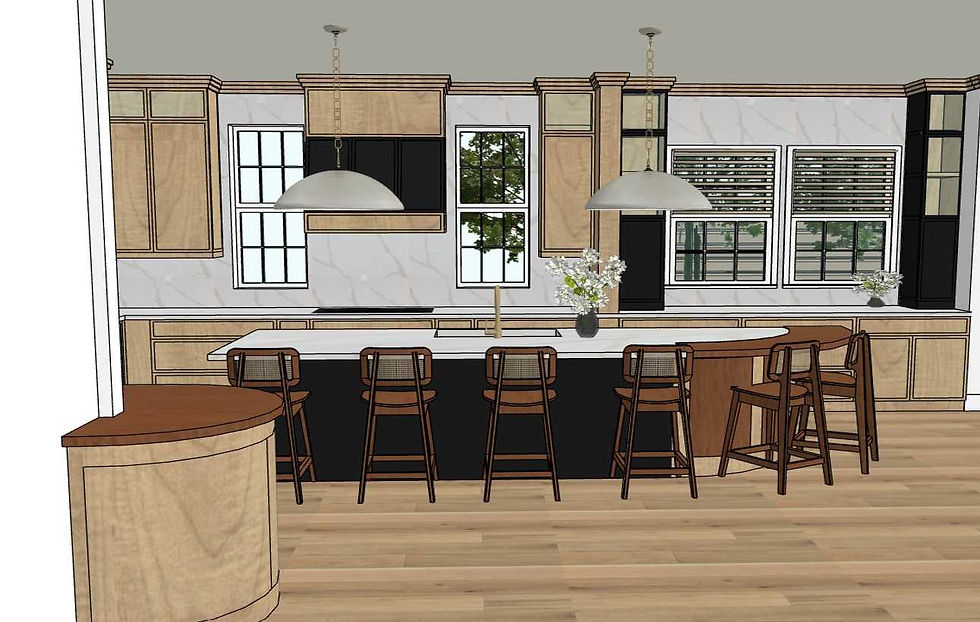 Luxury open-concept kitchen visualization showcasing custom wood cabinetry, a spacious quartz island with integrated seating, designer pendant lighting, black statement accents, and premium finishes that blend timeless elegance with everyday functionality.