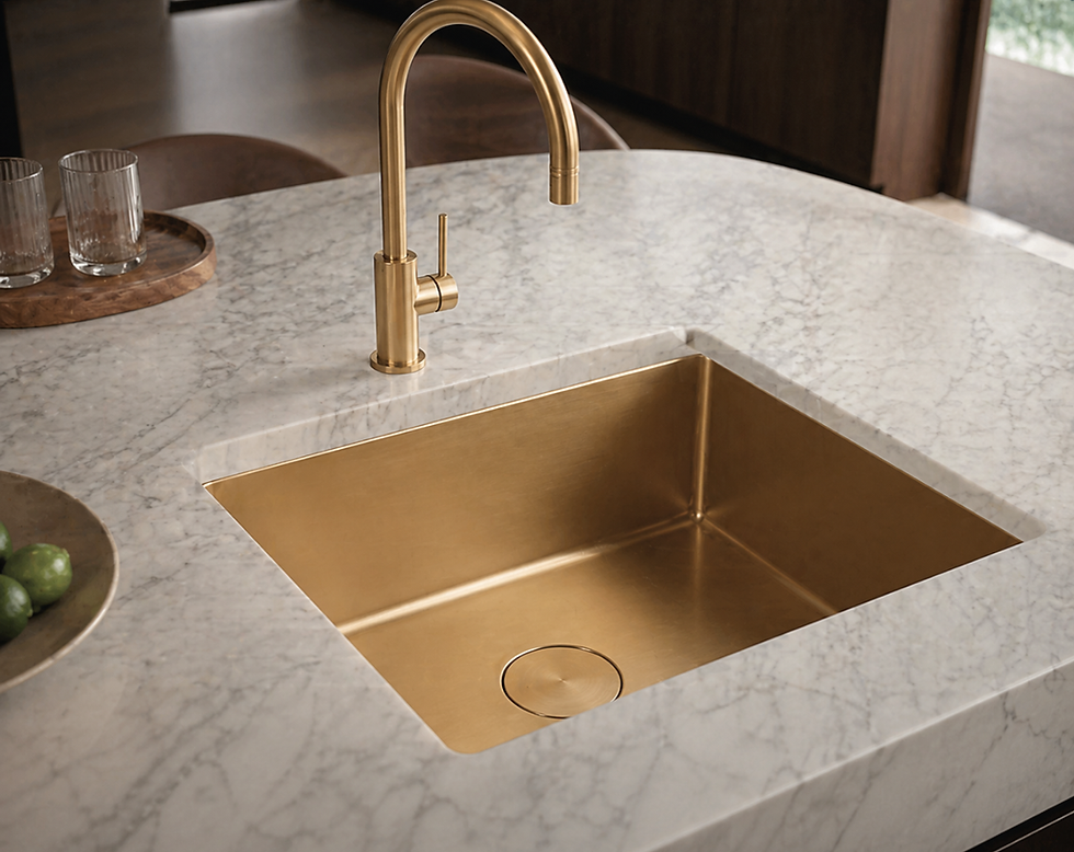 Brushed brass undermount bar sink with integrated drain, set in marble - an example of the refined detailing that defines a luxury home remodel in Boulder.