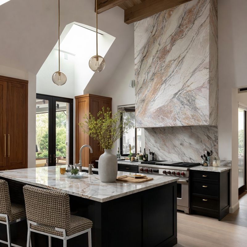Completed luxury kitchen remodel in Boulder, Colorado featuring custom cabinetry, statement stone detailing, and a cohesive material palette, all defined during the design phase prior to construction.