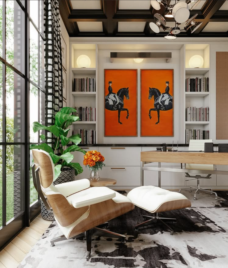 Modern home office featuring a mid-century lounge chair and ottoman