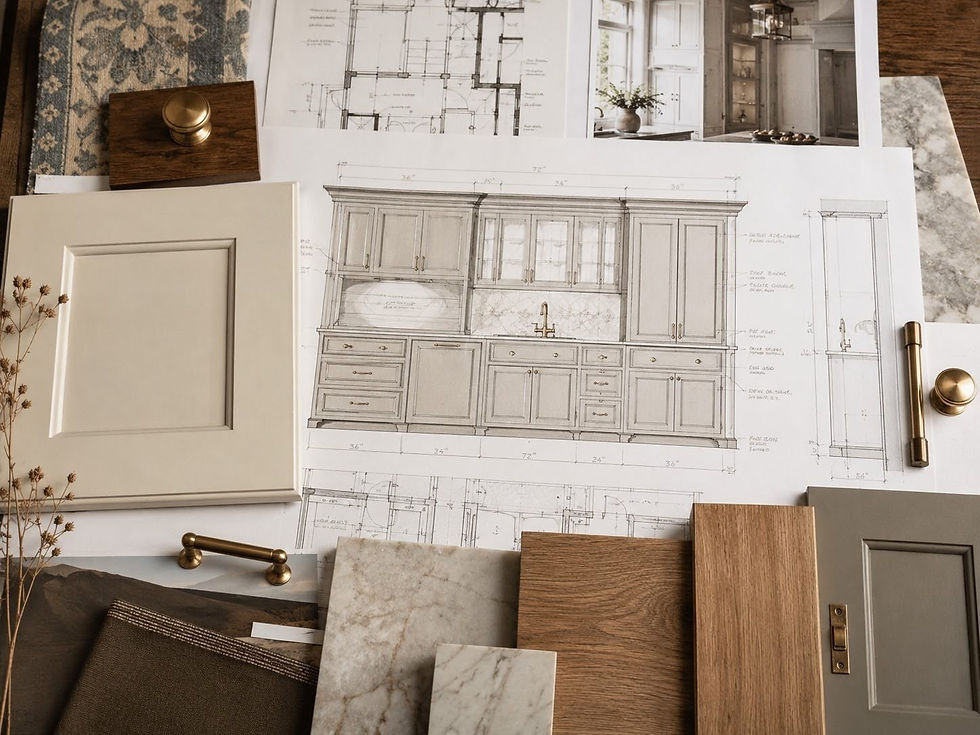 Construction planning Boulder drawings for a Boulder older homes renovation - cabinet elevations layered with finish samples.