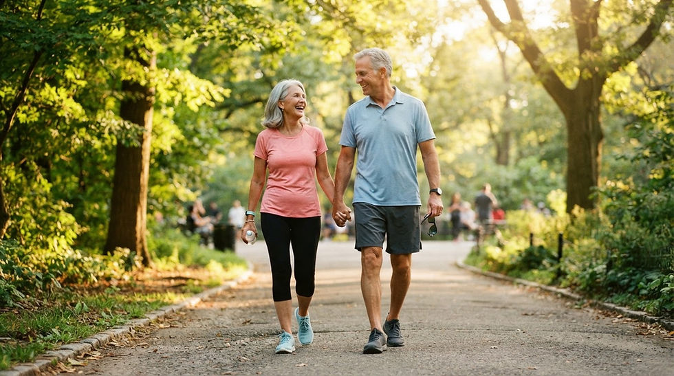 Casal maduro sorridente caminhando de mãos dadas em um parque ensolarado, vestindo roupas esportivas leves, transmitindo saúde, energia e conexão com a natureza.