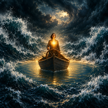 Uma pessoa solitária e serena ao leme de um pequeno barco em meio a um mar revolto, com ondas escuras e nuvens de tempestade ao redor, enquanto uma luz dourada irradia do seu peito e abre um círculo de água calma em volta da embarcação