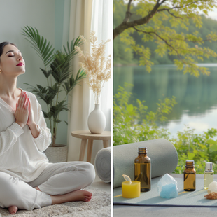 Uma mulher de branco, sentada em posição de reverência num ambiente aconchegante e alguns objetos utilizados em terapias naturais.