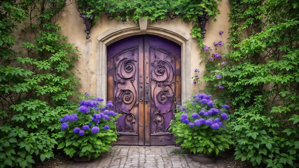 A vintage wooden door with iron swirls, surrounded by a beautiful lush green garden with p