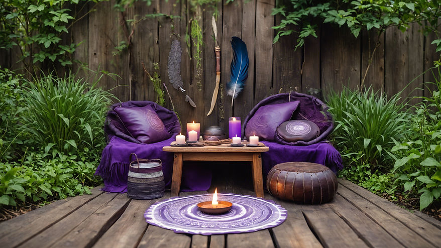 Spread out on a rustic wooden bench in a garden, is a purple leather journal, a shamanic d