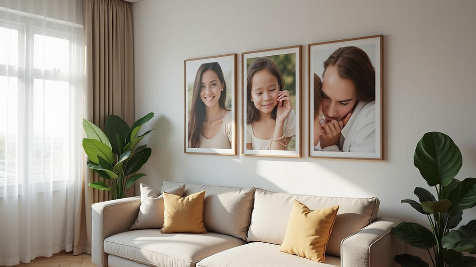 Eye-level view of a living room wall decorated with canvas art of family photos