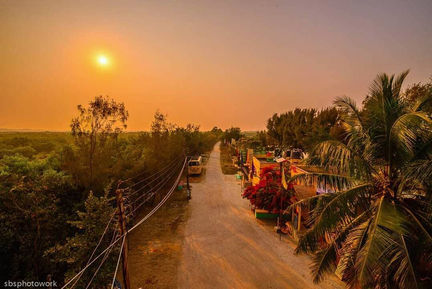 Sunset over a rural road with lush greenery.
